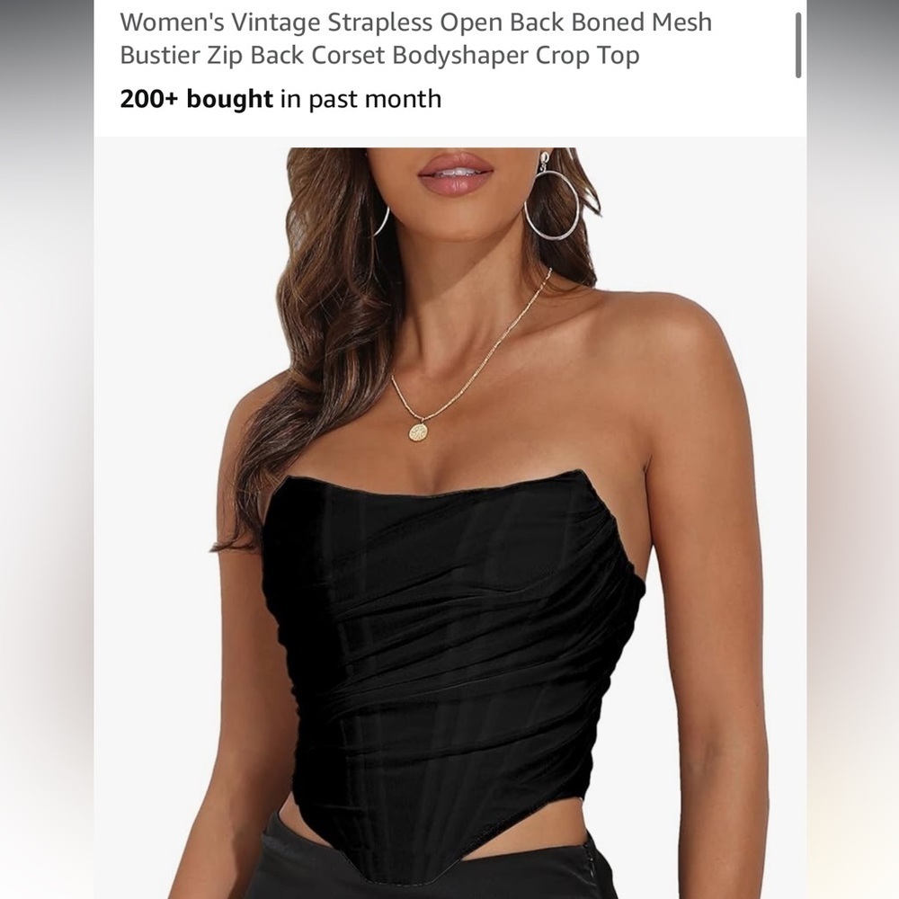 NWT Vintage Strapless Open Back Boned Mesh Bustier Zip Back Crop Top -Black 2XL